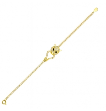 PULSERA MUJER PLATA DE LEY 925 CHAPADO DORADO RIVIERE CIRCONITAS BLANCAS CABEZA PANTERA CIRCONITAS BLANCAS Y VERDES LARGO AJUSTA