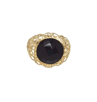 SORTIJA ORO AMARILLO PIEDRA AZABACHE FACETADA REDONDA