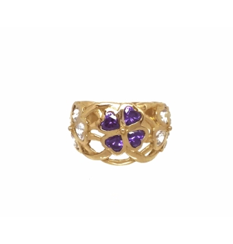 SORTIJA ORO AMARILLO FORMA TRES FLORES PIEDRAS AMATISTAS Y CIRCONITAS BLANCAS
