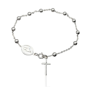PULSERA ROSARIO PLATA DE LEY 925 BOLITAS 4 MILÍMETROS CON MEDALLA VIRGEN DE LA MILAGROSA Y CRUZ LARGO 18.5 CENTÍMETROS