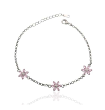 PULSERA MUJER PLATA DE LEY 925 ROLÓ TRES FLORES 7 MILÍMETROS PIEDRAS ROSAS Y CIRCONITA BLANCA LARGO AJUSTABLE 17-20 CENTÍMETROS
