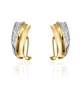 PENDIENTES MUJER BICOLOR 18 KILATES DOS BARRAS CRUZADAS EN ORO AMARILLO Y ORO BLANCO CON CIRCONITAS CUADRADAS BLANCAS 10X15 MILÍ