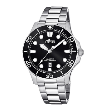 RELOJ LOTUS HOMBRE ANALÓGICO CRONÓGRAFO CAJA ACERO 44.5 MILÍMETROS FONDO NEGRO BISEL NEGRO NUMÉRICO CADENA ACERO AJUSTABLE
