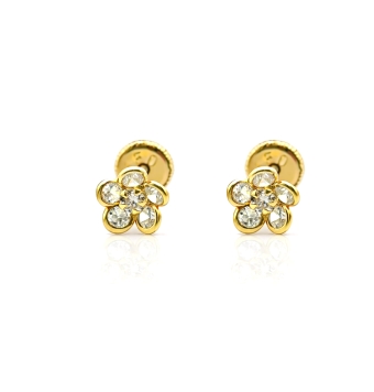 PENDIENTES BEBÉ/NIÑA ORO AMARILLO 18 KILATES FORMA DE FLOR CON CIRCONITAS BLANCAS 5.5 MILÍMETROS CIERRE TORNILLO