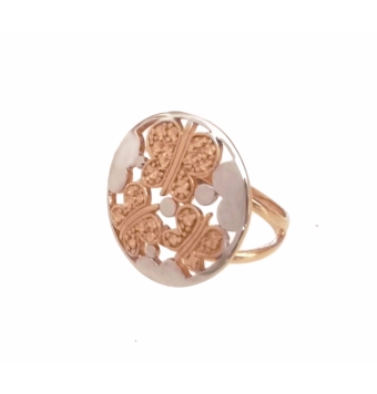 SORTIJA BICOLOR FORMA REDONDA ORO BLANCO DETALLE TRES MARIPOSAS ORO AMARILLO