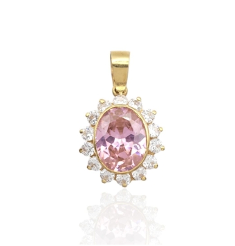 COLGANTE ROSETÓN ORO AMARILLO 18 KILATES PIEDRA OVALADA ROSA CERCO CIRCONITAS BLANCAS 13X14 MILÍMETROS