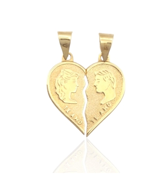 COLGANTE CORAZÓN PARTIDO ORO AMARILLO 18 KILATES SATINADO FRASE "TE AMO" MITAD IMAGEN MUJER MITAD IMAGEN HOMBRE TAMAÑO TOTAL 20X