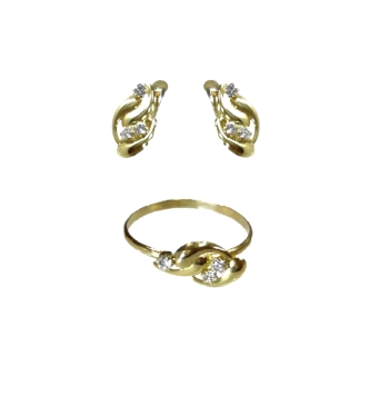 JUEGO COMUNION PENDIENTES Y ANILLO HOJA CIRCONITAS ORO AMARILLO