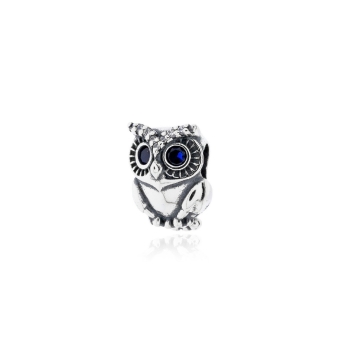 ABALORIO CHARM PLATA DE LEY 925 BAÑO DE RODIO BÚHO CIRCONITAS AZULES