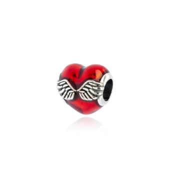 CHARM ABALORIO PLATA DE LEY 925 CORAZÓN ROJO CON ALAS