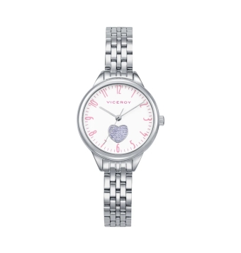 PACK RELOJ VICEROY ANALÓGICO NIÑA COMUNIÓN CAJA ACERO 28 MILÍMETROS ESFERA BLANCA CON NÚMEROS ROSAS Y CORAZÓN GRIS CADENA ACERO