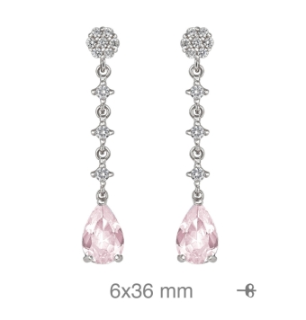 PENDIENTES LARGOS MUJER PLATA DE LEY 925 CIRCONITA FORMA DE LÁGRIMA ROSA PALO ROSETÓN CIRCONITAS BLANCAS CON LÁGRIMA 4 CIRCONITA