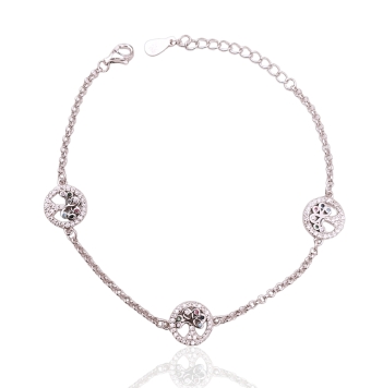 PULSERA MUJER PLATA DE LEY 925 TRES MOTIVOS ÁRBOL DE LA VIDA 10 MILÍMETROS CIRCONITAS BLANCAS Y MULTICOLOR LARGO AJUSTABLE 17-20