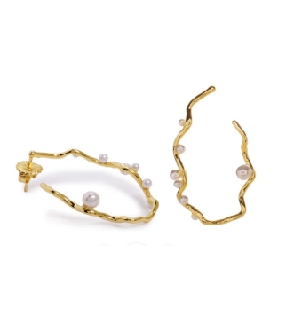 PENDIENTES LINEARGENT PLATA DE LEY 925 CHAPADO DORADO DISEÑO IRREGULAR CON PERLAS 36X23 MILÍMETROS