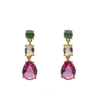 PENDIENTES LINEARGENT PLATA DE LEY 925 CHAPADO DORADO TRIPLE PIEDRA UNA EN FORMA DE LAGRIMA DE DIFERENTES COLORES VERDE AMARILL