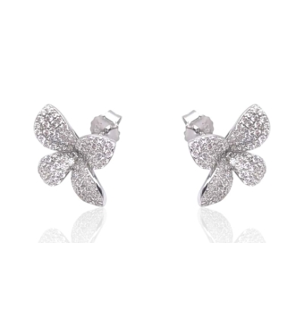 PENDIENTES MUJER LINEARGENT PLATA DE LEY 925 FORMA DE FLOR CON 4 PÉTALOS CON CIRCONITAS BLANCAS 17X19 MILÍMETROS CIERRE PRESIÓN