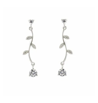 PENDIENTES LARGOS LINEARGENT MUJER PLATA DE LEY 925 RODIADO RAMA CON HOJAS Y CIRCONITAS BLANCAS PIEDRA BLANCA COLGANTE 35 MILÍME