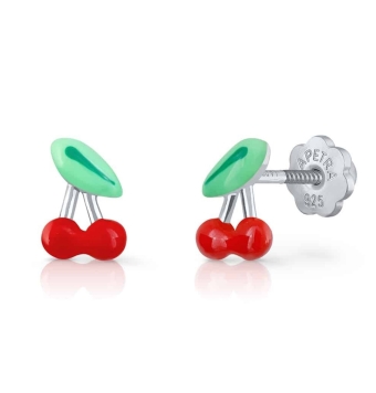 PENDIENTES LAPETRA NIÑA PLATA DE LEY 925 CEREZAS ESMALTE EN COLOR VERDE Y ROJO 7X5 MILÍMETROS CIERRE ROSCA