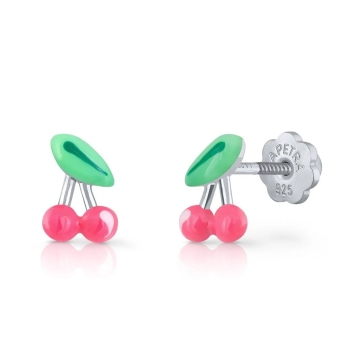 PENDIENTES LAPETRA NIÑA PLATA DE LEY 925 CEREZAS ESMALTE EN COLOR VERDE Y ROSA 7X5 MILÍMETROS CIERRE ROSCA
