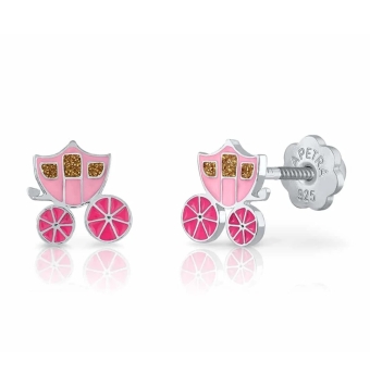 PENDIENTES LAPETRA NIÑA PLATA DE LEY 925 CARROZA ESMALTE EN COLOR ROSA PALO Y RUEDAS FUCSIA 7X7 MILÍMETROS CIERRE ROSCA