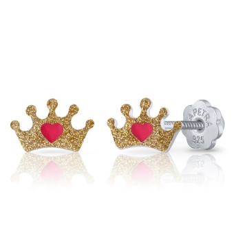 PENDIENTES LAPETRA PLATA DE LEY 925 CORONA ESMALTE DORADO CON CORAZÓN ROSA 8X5 MILÍMETROS CIERRE ROSCA