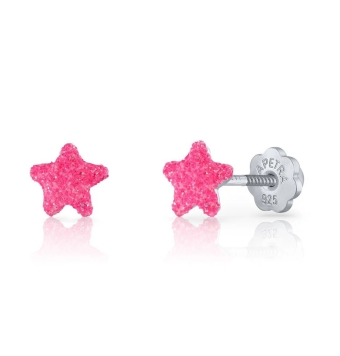 PENDIENTES LAPETRA PLATA DE LEY 925 ESTRELLA ESMALTE FUCSIA PURPURINA 5 MILÍMETROS CIERRE ROSCA