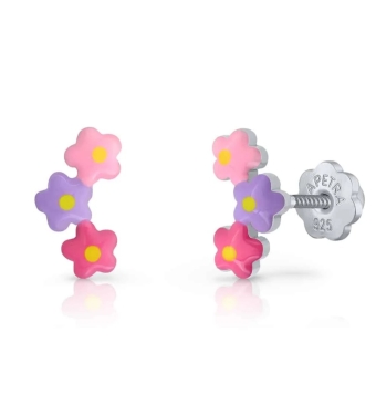PENDIENTES LAPETRA PLATA DE LEY 925 TRES FLORES EN TRES COLORES ESMALTE ROSA LILA Y FUCSIA 9X5 MILÍMETROS CIERRE ROSCA