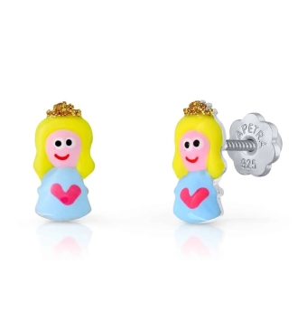 PENDIENTES LAPETRA PLATA DE LEY 925 PRINCESA ESMALTE AZUL AMARILLO Y CORONA CON PURPURINA 10X5 MILÍMETROS CIERRE ROSCA