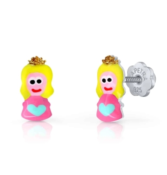 PENDIENTES LAPETRA PLATA DE LEY 925 PRINCESA ESMALTE ROSA AMARILLO Y CORONA CON PURPURINA 10X5 MILÍMETROS CIERRE ROSCA