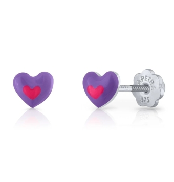 PENDIENTES LAPETRA PLATA DE LEY 925 CORAZÓN ESMALTE LILA Y FUCSIA 6X6 MILÍMETROS CIERRE ROSCA
