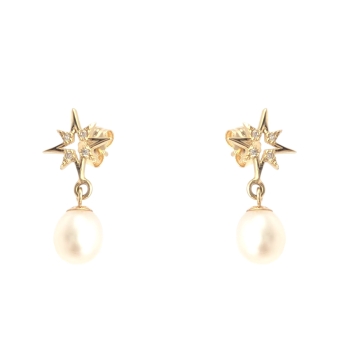 PENDIENTES MUJER ORO 9 KILATES ESTRELLA POLAR CIRCONITAS BLANCAS Y PERLA NATURAL 19 MILÍMETROS CIERRE PRESIÓN
