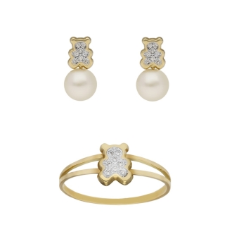 JUEGO COMUNION PENDIENTES Y ANILLO OSITO Y PERLA CON CIRCONITAS ORO AMARILLO