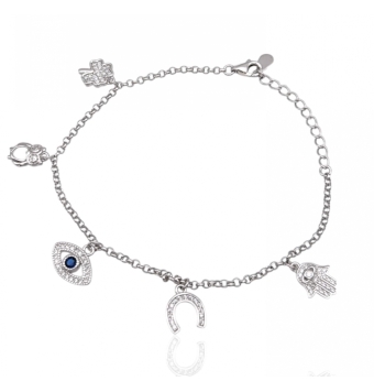 PULSERA PLATA DE LEY 925 MUJER ROLO 1.6 MILÍMETROS CON 5 ABALORIOS DE LA SUERTE COLGANTES 17-20 CENTÍMETROS DE LARGO AJUSTABLE