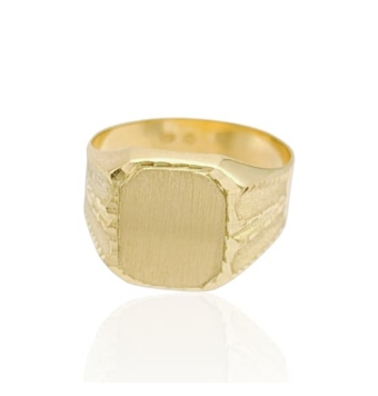 SORTIJA SELLO HOMBRE ORO AMARILLO 18 KILATES CABEZA RECTANGULAR 12X15 MILÍMETROS SATINADA ESQUINAS REDONDAS CERCO TALLADO SURCO