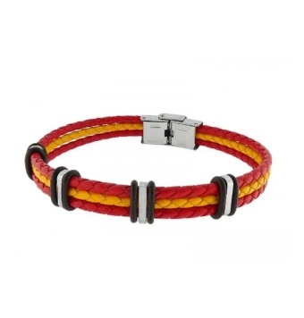 PULSERA LISKA HOMBRE DISEÑO ESPAÑA PIEL Y ACERO TRENZADA COLOR ROJO Y AMARILLO CON 4 MOTIVOS LARGO 22 CENTÍMETROS