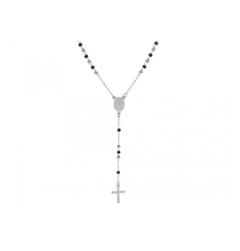 COLLAR LISKA ACERO ROSARIO CRUZ Y MEDALLA 12 MILÍMETROS CADENA CON BOLITAS NEGRAS LARGO 50 CENTÍMETROS