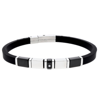 PULSERA LISKA HOMBRE CAUCHO Y ACERO ESLABÓN CENTRAL IP NEGRO CON CIRCONITA BLANCA LARGO PULSERA 21 CENTÍMETROS