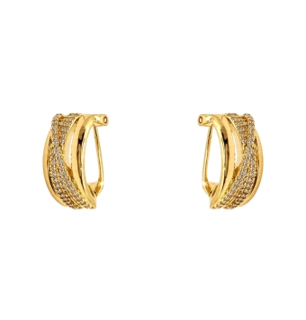 PENDIENTES MUJER PLATA DE LEY 925 CHAPADO DORADO DISEÑO DE CIRCONITAS BLANCAS CRUZADAS 15X7 MILÍMETROS CIERRE OMEGA