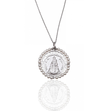 COLLAR MUJER PLATA DE LEY 925 ESLABÓN FORZADO Y MEDALLA VIRGEN DE LA FUENSANTA CERCO PERLAS BLANCAS 24 MILÍMETROS LARGO AJUSTABL