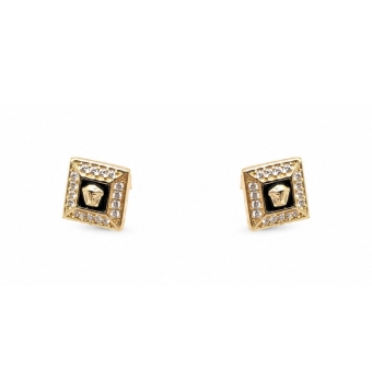PENDIENTES CUADRADOS PLATA DE LEY 925 CHAPADO DORADO MEDUSA CON CIRCONITAS BLANCAS Y ESMALTE NEGRO 9.5X9.5  MILIMETROS CIERRE PR