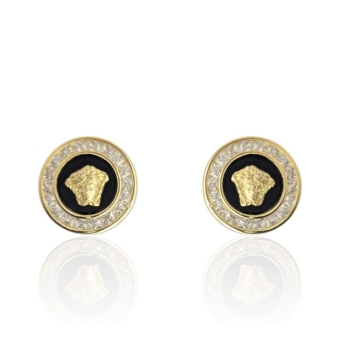 PENDIENTES MEDUSA PLATA DE LEY 925 CHAPADO DORADO REDONDO 12 MILÍMETROS CERCO PIEDRAS RECTANGULARES BLANCAS PIEDRA NEGRA CON CAR