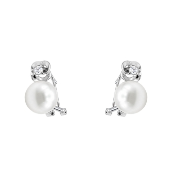 PENDIENTES MUJER PLATA DE LEY 925 TU Y YO MOTIVO FLOR CIRCONITA BLANCA Y PERLA BLANCA 11 MILÍMETROS CIERRE OMEGA