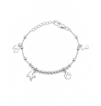 PULSERA MUJER PLATA DE LEY 925 BOLAS Y MOTIVOS COLGANTES DE MASCOTAS LARGO 17-19 CENTÍMETROS AJUSTABLE CIERRE MOSQUETÓN