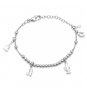 PULSERA MUJER PLATA DE LEY 925 BOLAS Y MOTIVOS COLGANTES DE MÚSICA LARGO 17-19 CENTÍMETROS AJUSTABLE CIERRE MOSQUETÓN