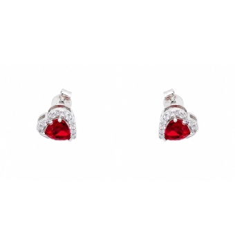 PENDIENTES MUJER PLATA DE LEY 925 FORMA DE CORAZÓN CON CIRCONITAS BLANCAS Y PIEDRA ROJA EN FORMA DE CORAZÓN 8X8 MILÍMETROS CIERR