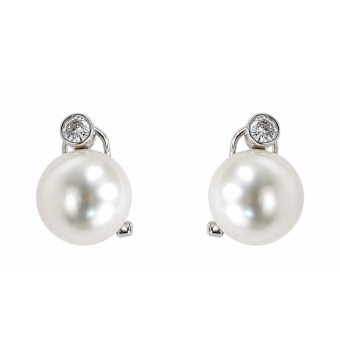 PENDIENTES ATLÁNTIDA MUJER PLATA DE LEY 925 MEDIA PERLA NATURAL 13 MILÍMETROS Y PIEDRA REDONDA BLANCA 5 MILÍMETROS CIERRE OMEGA