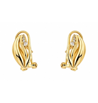 PENDIENTES ATLÁNTIDA MUJER PLATA DE LEY 925 CHAPADO DORADO FORMA DE HOJA CON CIRCONITAS BLANCAS CIERRE OMEGA