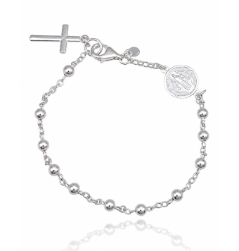 PULSERA PLATA DE LEY 925 ESLABÓN ROLÓ BOLITAS 4 MILÍMETROS MEDALLA SAN BENITO 11 MILÍMETROS Y CRUZ 10X16 MILÍMETROS EN TERMINAL