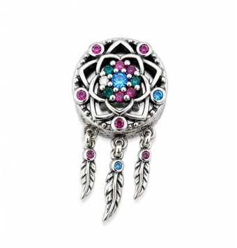 CHARM MUJER PLATA DE LEY 925 DISEÑO FLORES CON CIRCONITAS MULTICOLOR Y TRES PLUMAS COLGANTES 20 MILÍMETROS
