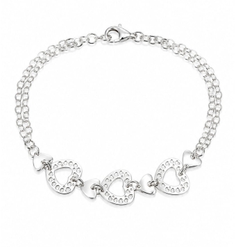 PULSERA MUJER PLATA DE LEY 925 PULSERA DOBLE TRIPLE CORAZÓN 10 MILÍMETROS LARGO 18.5 MILÍMETROS